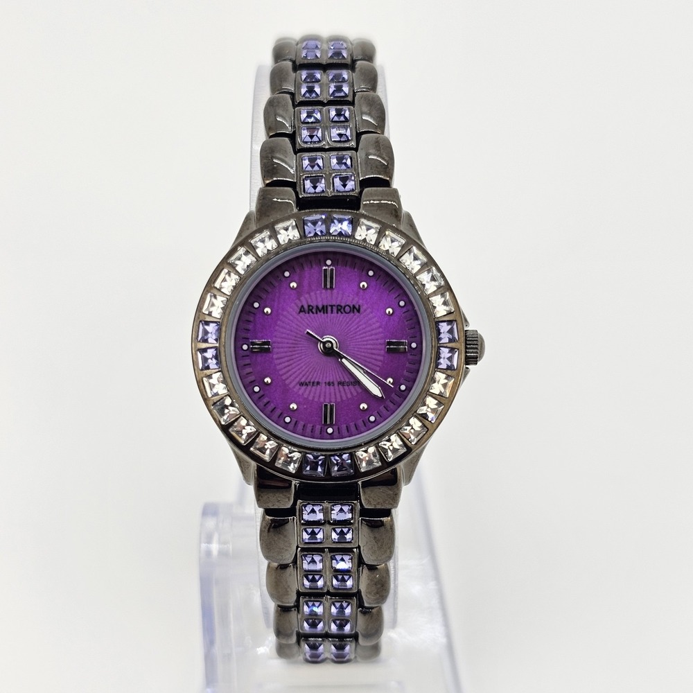Armitron Now Women Watch 26MM Purple Dial Gunmetal Bracelet Band 6.5" NewBattery